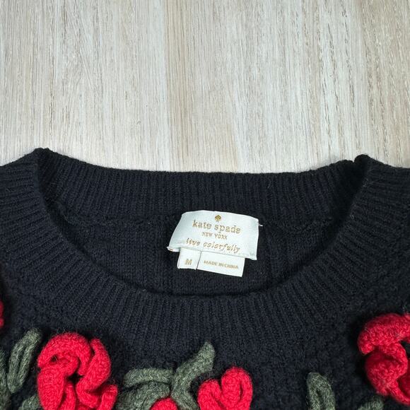 Kate Spade Black Poppy Rose Embroidered Bobble Detail Bell Cuff Sweater Medium - Picture 5 of 13